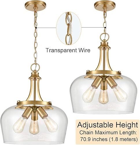 Miniatura 6 de Moderna lámpara colgante dorada de mediados de siglo con 3 luces de cristal transparente con cadena ajustable, luces colgantes de vidrio de latón,