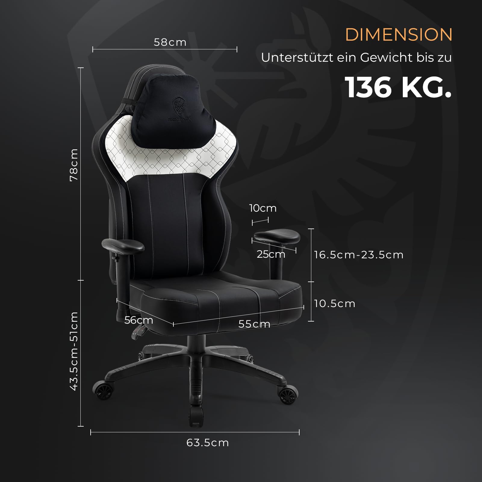 Dowinx Gamingstoel met PU-leer, kleermakersstoel voor zware personen, ergonomische kantelbare gamer, computerstoel, groot en groot kantoor, pc-stoel met hoge rugleuning, wit