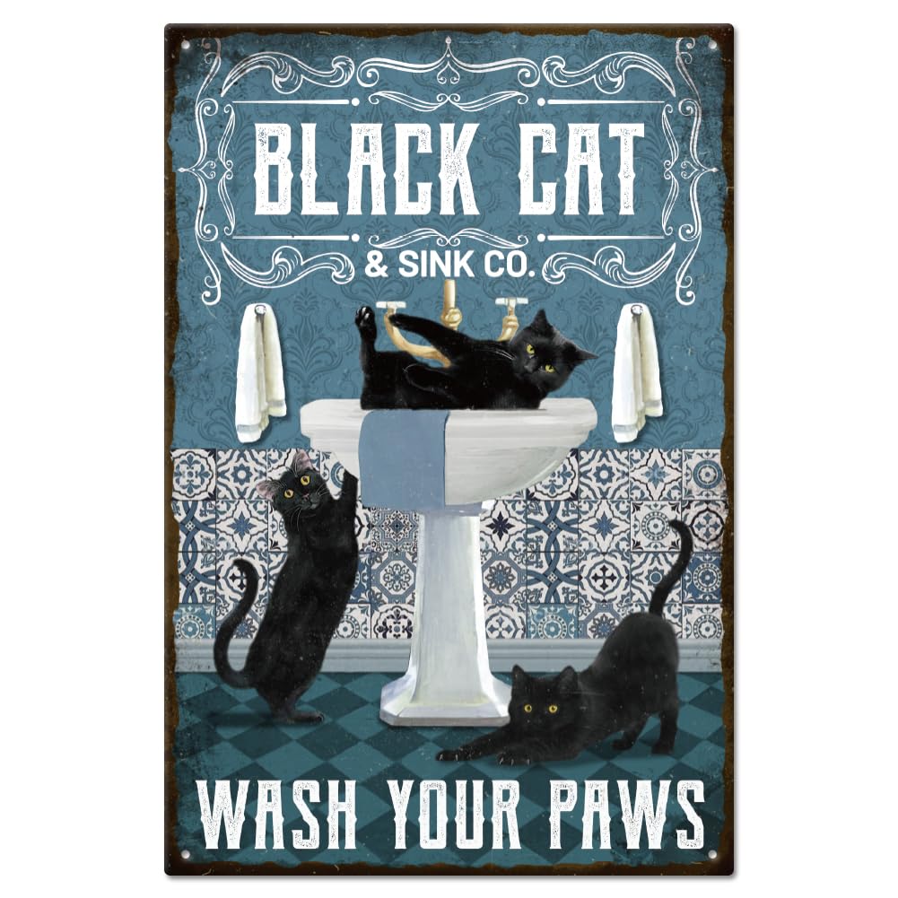 GLOBLELAND Vintage "Black Cat Wash Your Paws" Metal Tin Sign Plaque Poster 8Γ12inch Retro Metal Wall Decorative Tin Signs for Home Kitchen Bar Coffee Shop Club Orchard Decoration