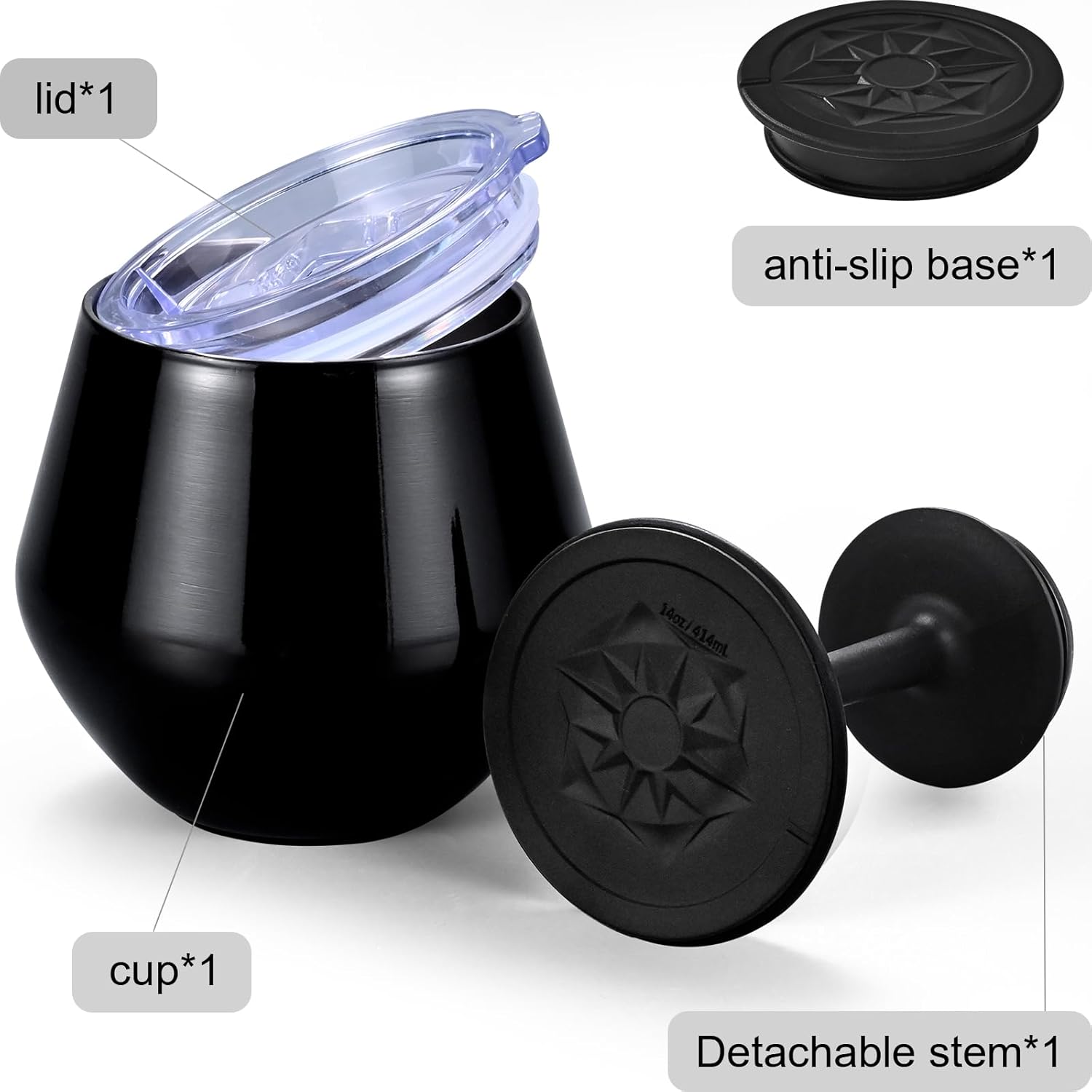 14oz Wine Glasses with Detachable Stem, Insulated Stainless Steel Wine Tumbler with Lid & Anti-Slip Base, Multi-Functional Cup for Gift Party Outdoor Travel Home Use (Black)