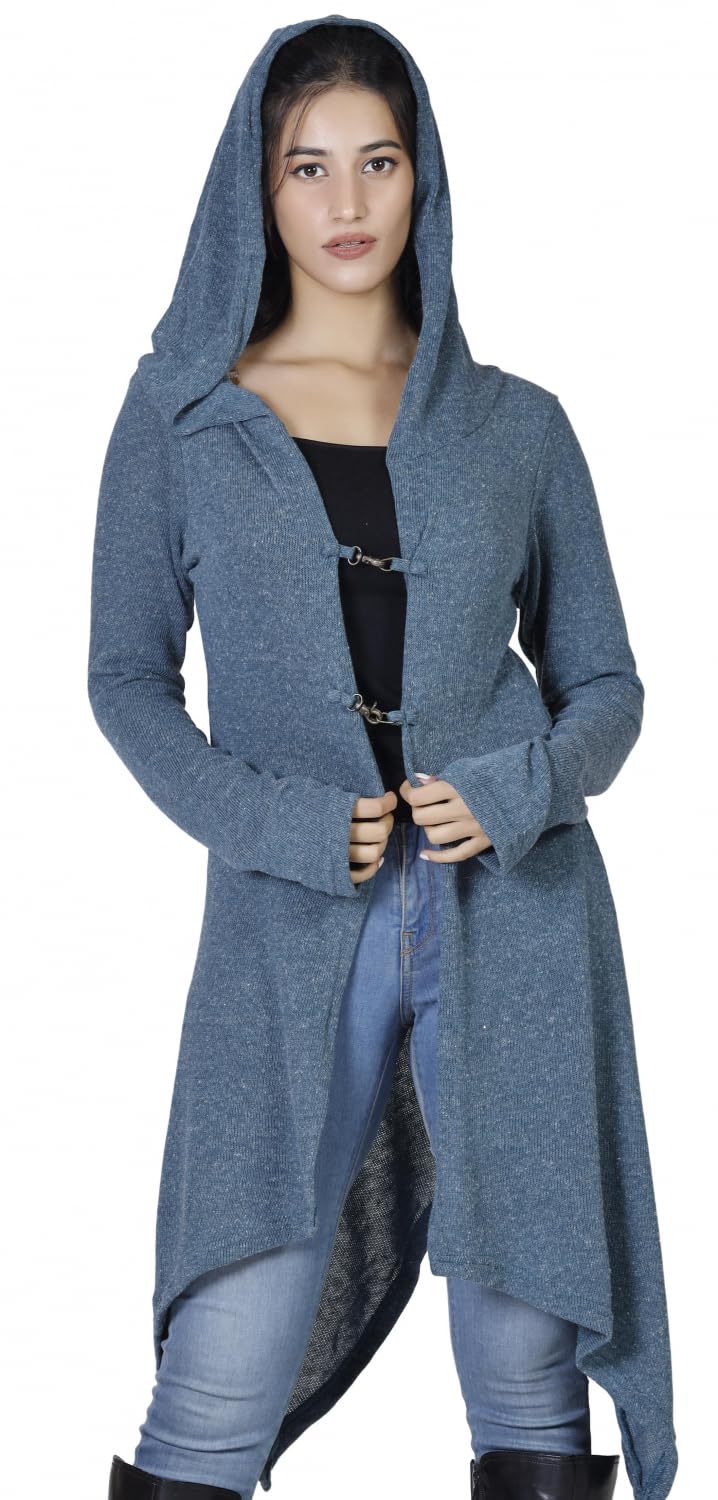GURU SHOP Lange Strickjacke, Strickmantel mit Kapuze, Damenmode, taubenblau | Legere Passform, Baumwolle, Daumenloch, übergroße Kapuze, angenehm zu tragen