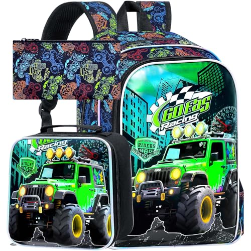 gxtvo 3PCS Kids Truck Backpack, 16" Boys Bookbag with Lunch Box, Water Resistant Elementary Preschool Toddler School Bag - Green Truck by gxtvo - Used condition - US$21.48
