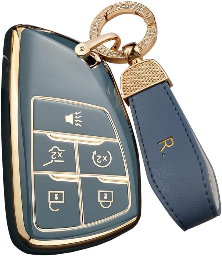 SANRILY Golden-edge Key Fob Cover for Buick Envision 2021 2022 for Chevy Suburban Tahoe Silverado 1500 LT GMC Yukon Keyless Full Protection Key Case Shell with Bling Keychain Matcha green