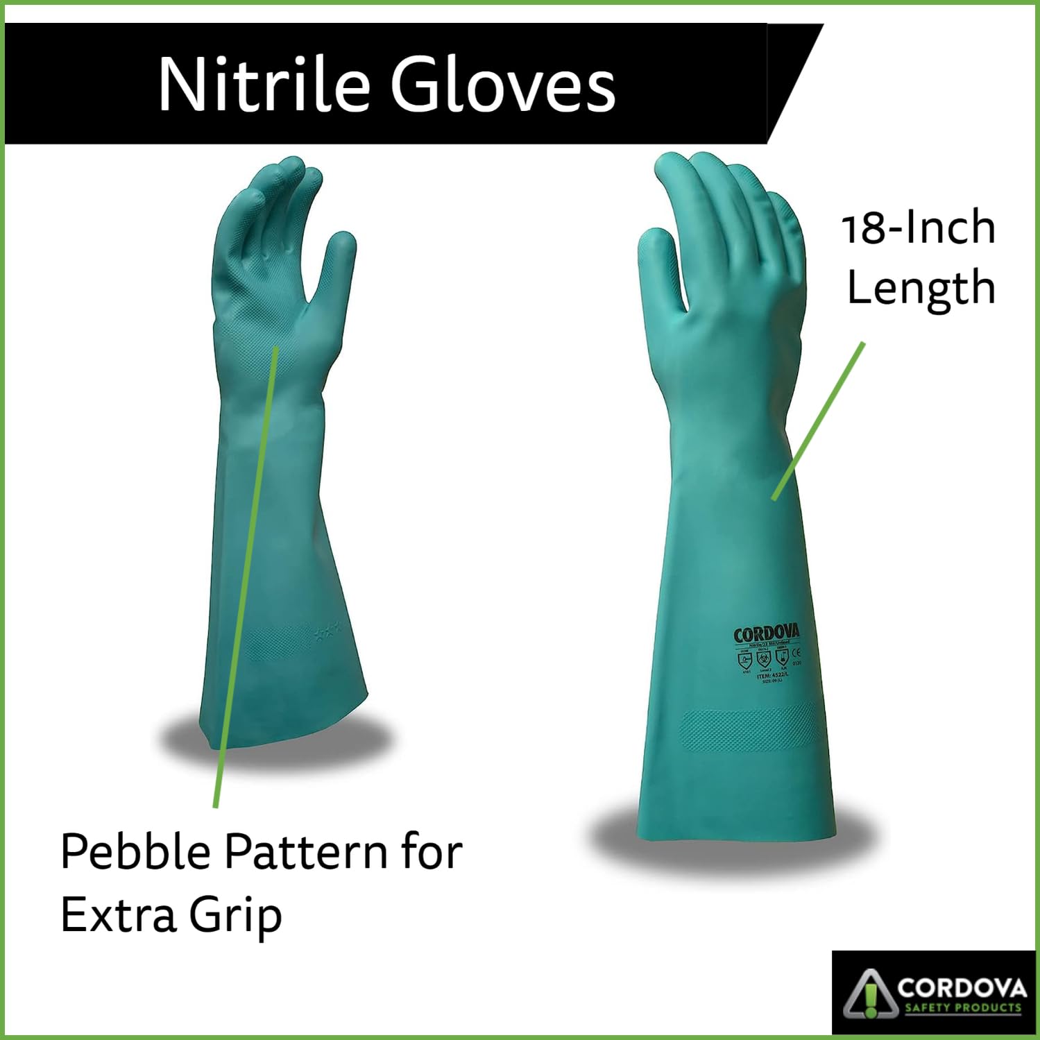 Cordova 4522 Nitrile Gloves, Gloves for Food Prep, Cleaning, Hygiene, Green Premium Nitrile, Enhanced Grip, Food Grade, 22 MIL Thickness, 18 Inch Length, Large, 12-Pack