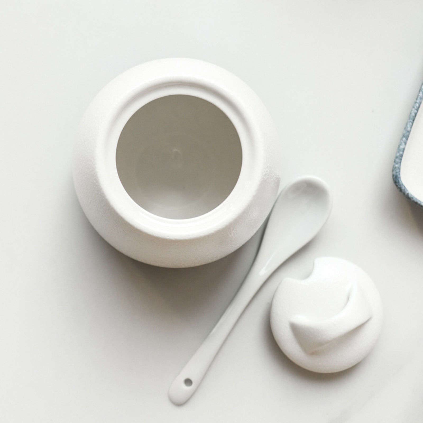 Azucarero for café, Desayuno, té de la Tarde, azucarero cerámica, con Tapa y Cuchara, Blanco Granja, salero, Caja condimentos SPI(B Set of 3)