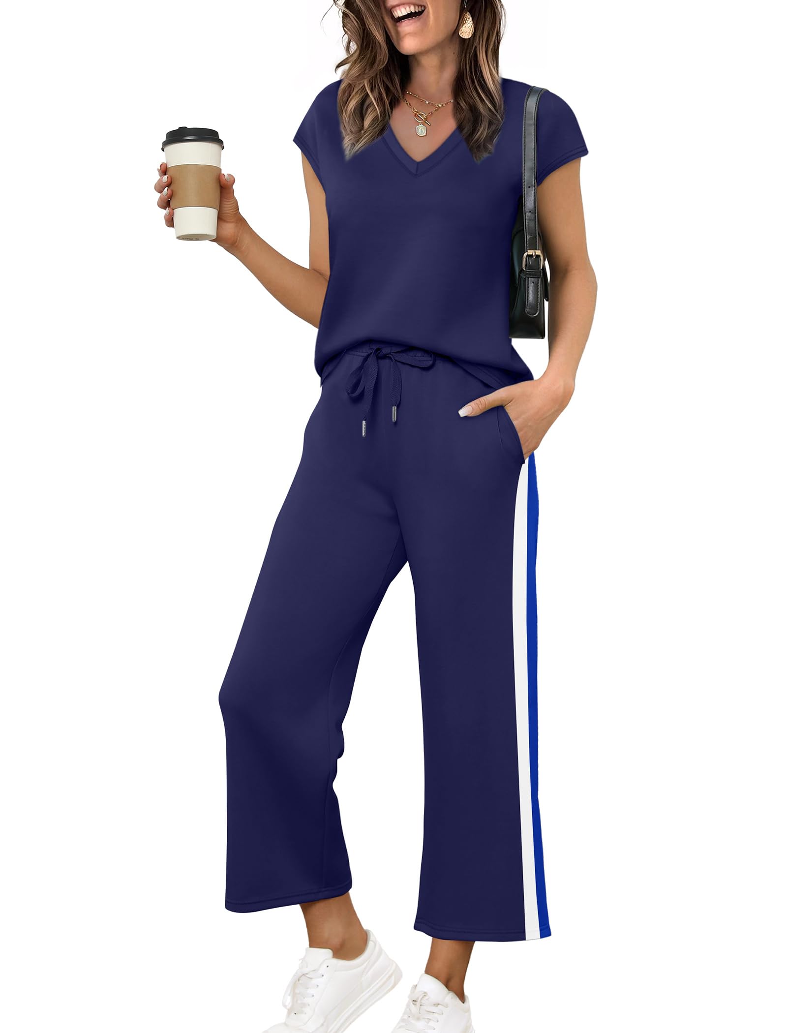 Saloogoe Two Piece Sets for Women Summer Outfits Lounge Sets V Neck Tops Wide Leg Pants Woman Vacation Travel Outfits