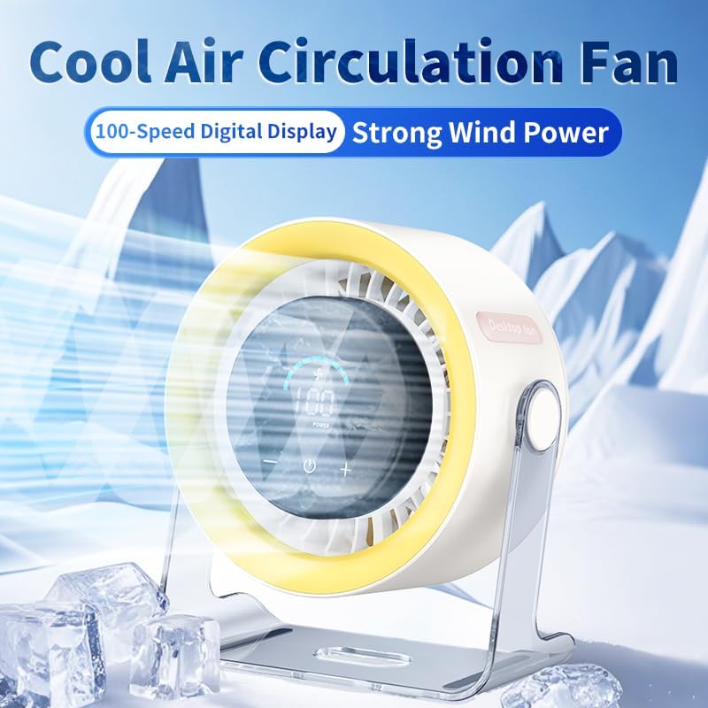 USB Desk Fan for Bedroom: 100 Speeds Digital Display Quiet Table Fan with Turbo Airflow, 120° Rotating Small Rechargeable Battery Desktop Fans for Bedroom Home Office (Yellow) - Image 2