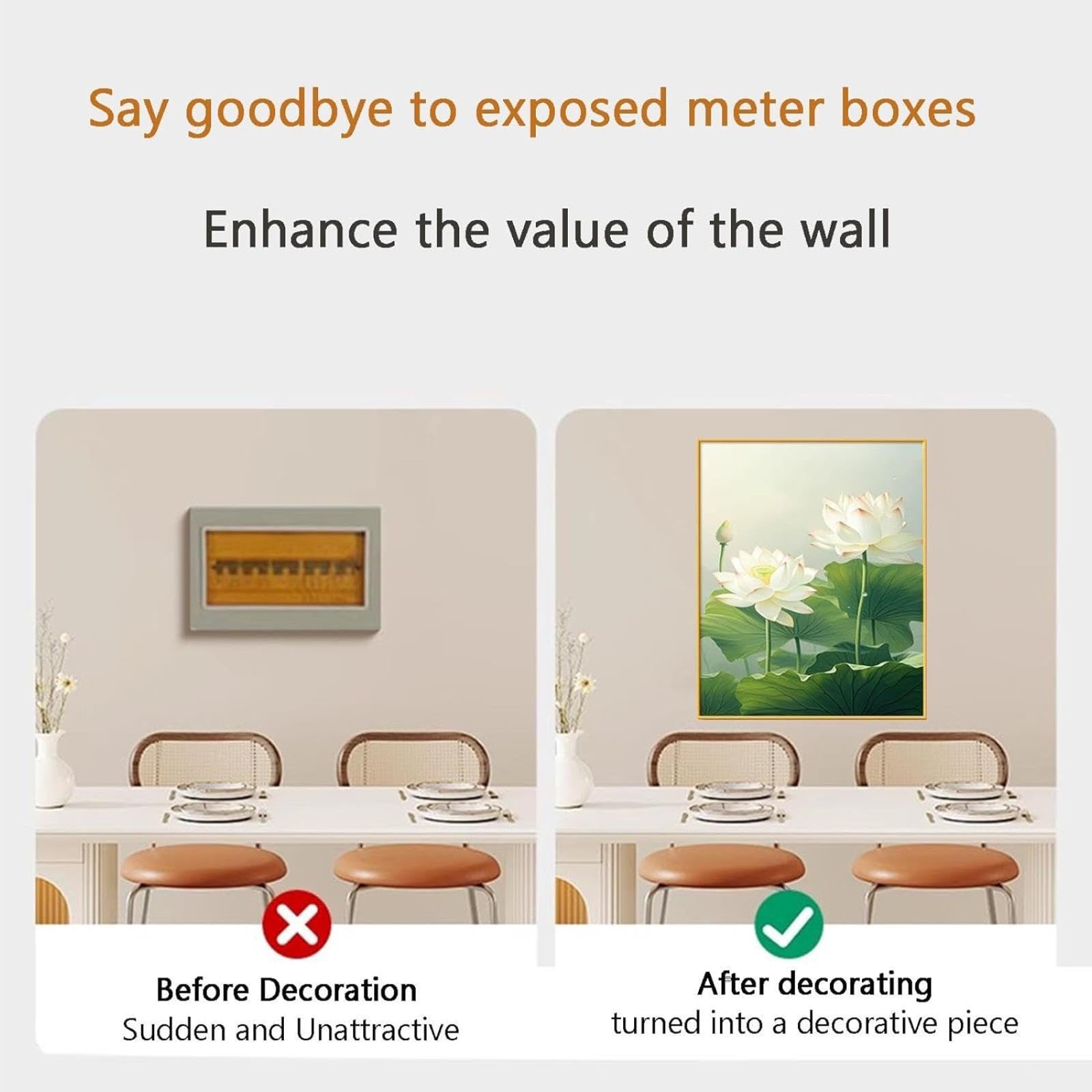 Cuadro de medidor eléctrico, arte de pared, panel decorativo de diseño push-pull, oculta cajas de energía feas, no requiere perforación (D 40 x 50 cm)