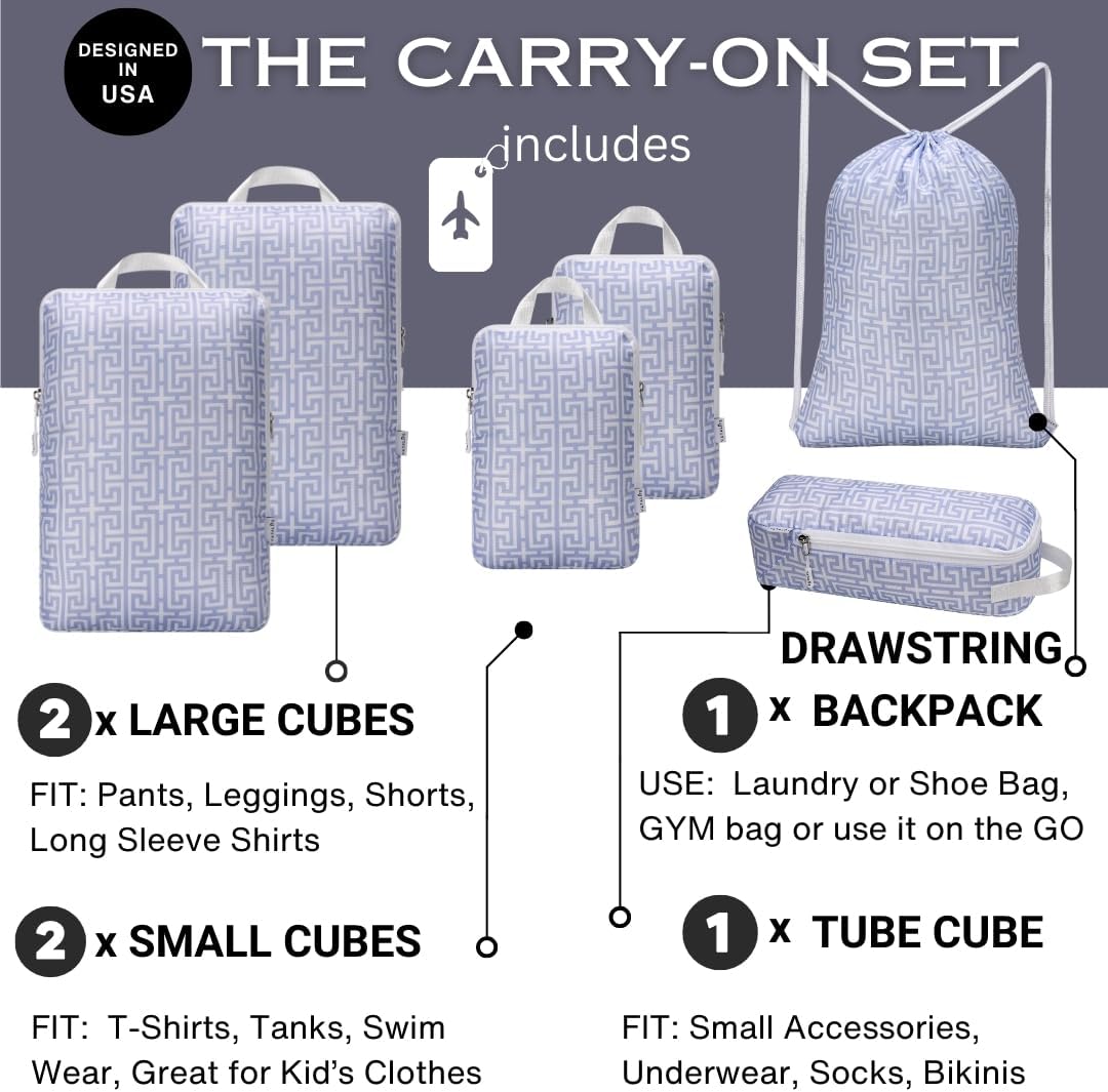 Compression Packing Cubes for Travel 6pc Set with Laundry Bag/Backpack-Luggage Organizers for Suitcase-Lightweight Compressible - Light Blue Boho