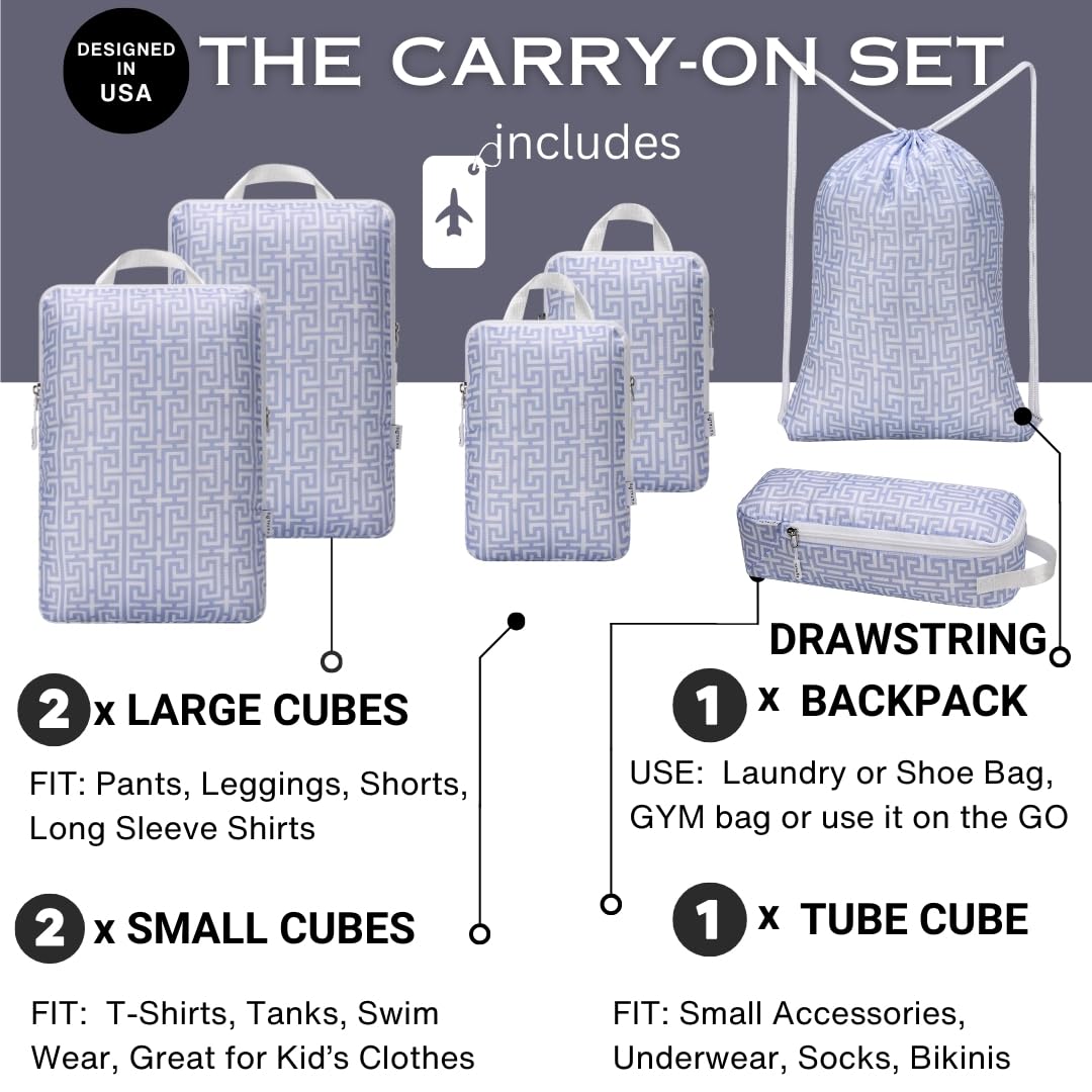 Juego de 6 cubos de embalaje de compresión para viajes con cordón para mochila, organizadores de equipaje para maleta, resistentes al agua, ligeros esenciales para vacaciones, lavanda bohemia