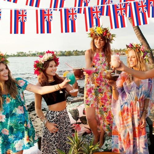 Image of 32.8 ft Hawaii Flag Banner, 30 Pcs Mini State String Flags, Red White Blue Union Jack Bunting for Hawaii Day, Parades, Luau Parties, Home, Garden, and Outdoor Decorations