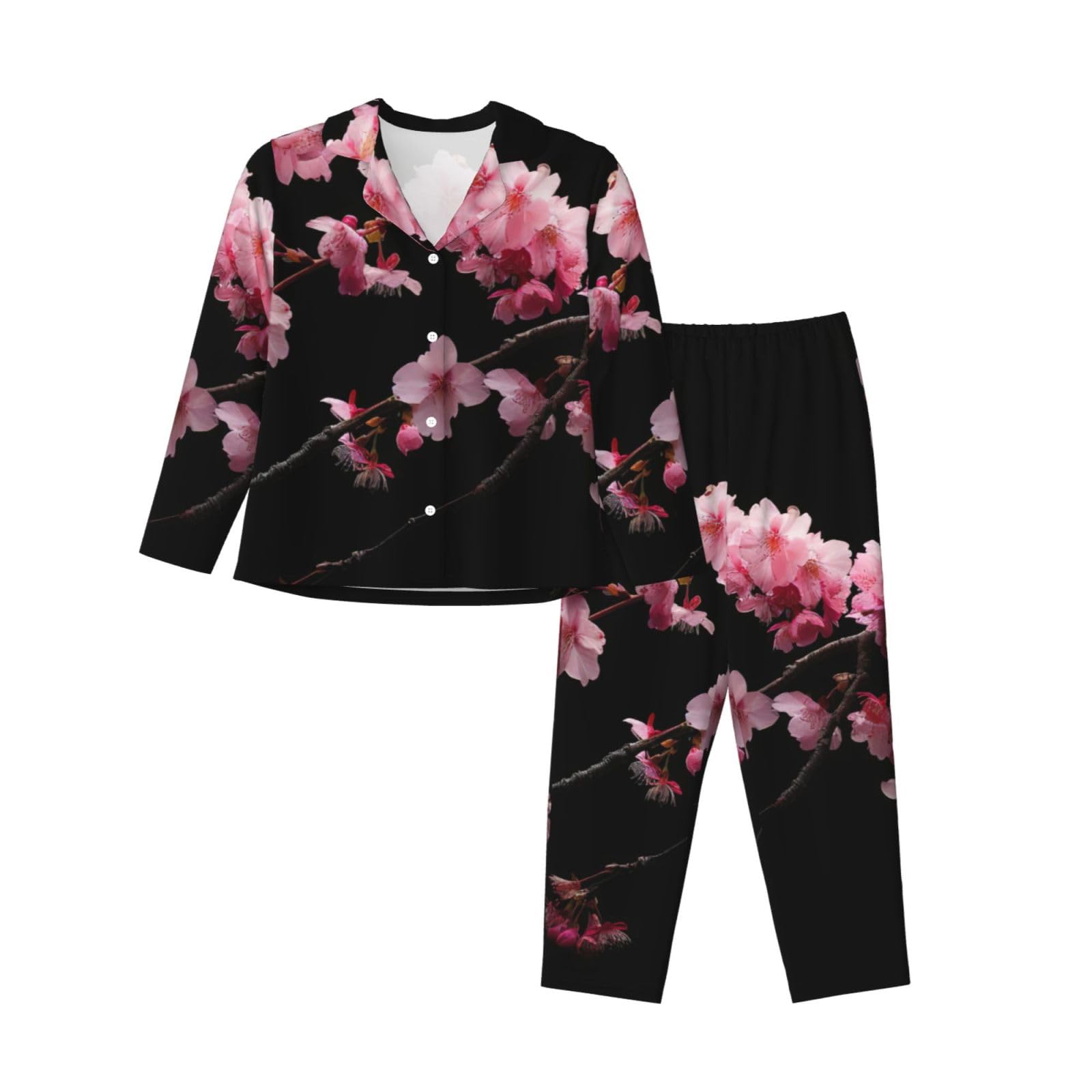 Pigiama a maniche lunghe da donna con stampa di fiori di ciliegio giapponesi set da notte accogliente abbigliamento da notte loungewear quotidiano