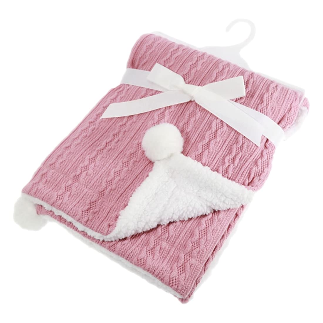 Gum & Berries Baby Wrap Cable Knit Pom Pom Soft Sherpa Back Pram Blanket Soft Touch Dusty Pink 75 cm x 90 cm