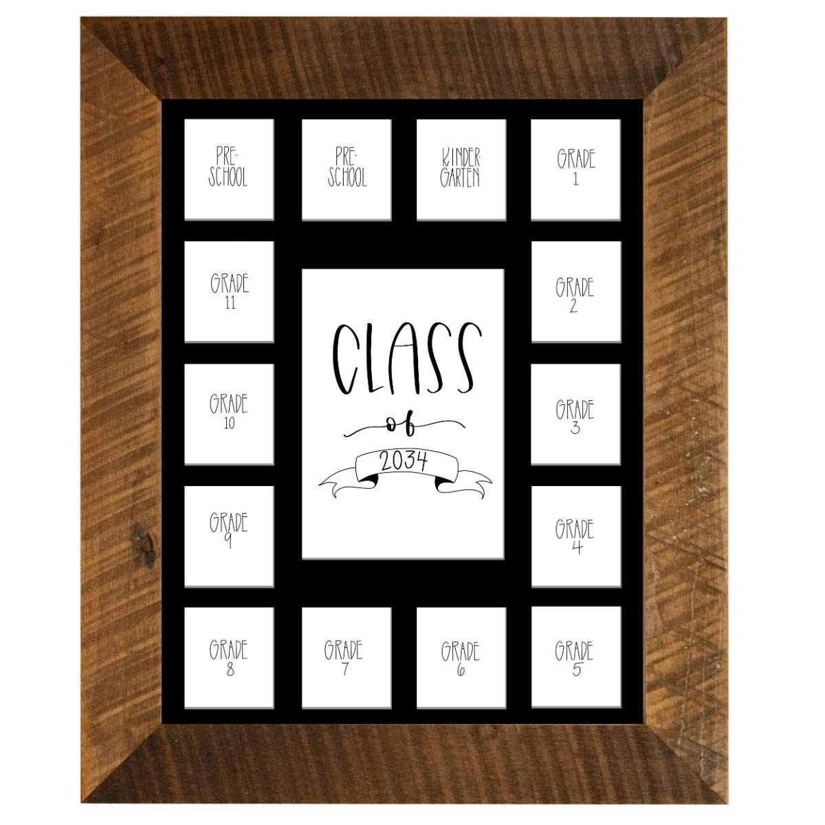 Rustic Red Door Co. School Years Reclaimed Wood Picture Frame with Mat - 11x14 Wooden Framed 15 Photo Collage Mat Pre-School &amp; Kindergarten to 12th Grade High School Graduation (Class of 2034, Black)