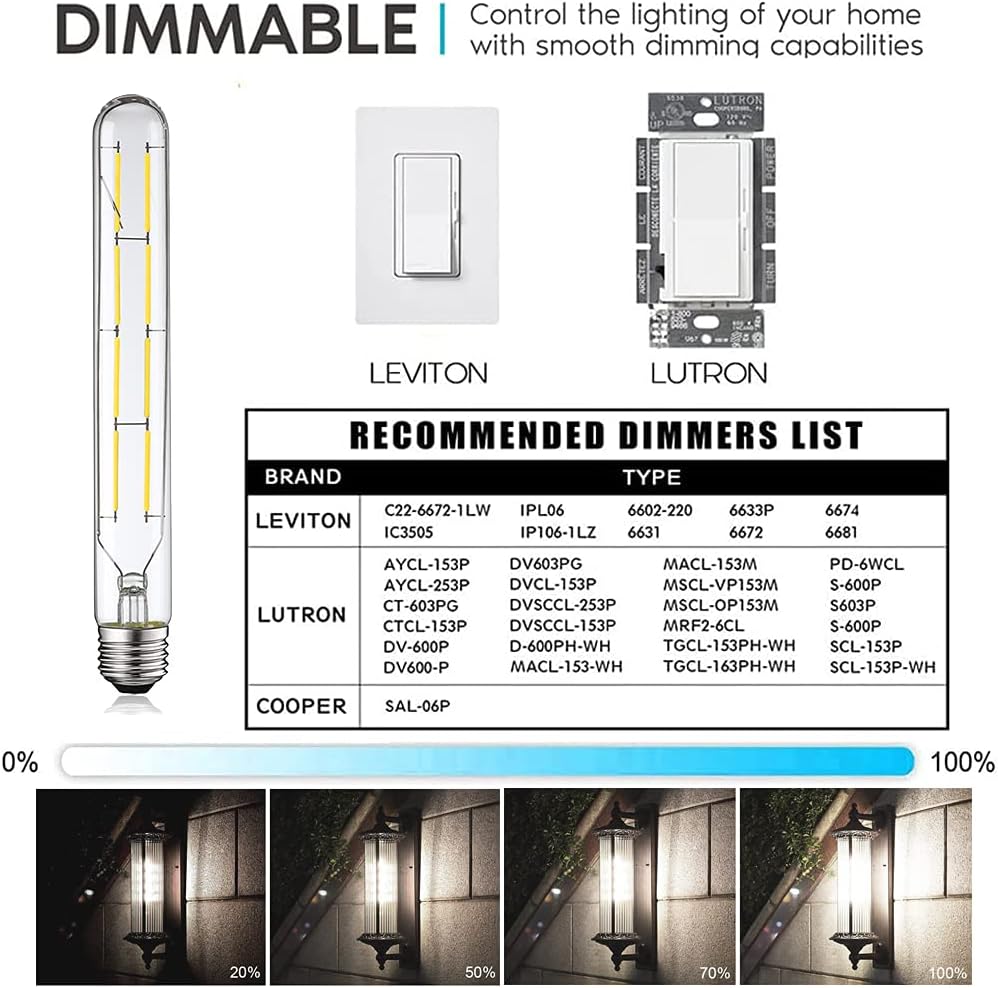XININSUN Dimmable T10 Led Bulbs, 8.9 Inch Long Tubular Bulb,60-75 Equivalent,800LM,E26,4000K Daylight,Clear Glass,for Cabinet Display Cabinet etc, 4 Pack.