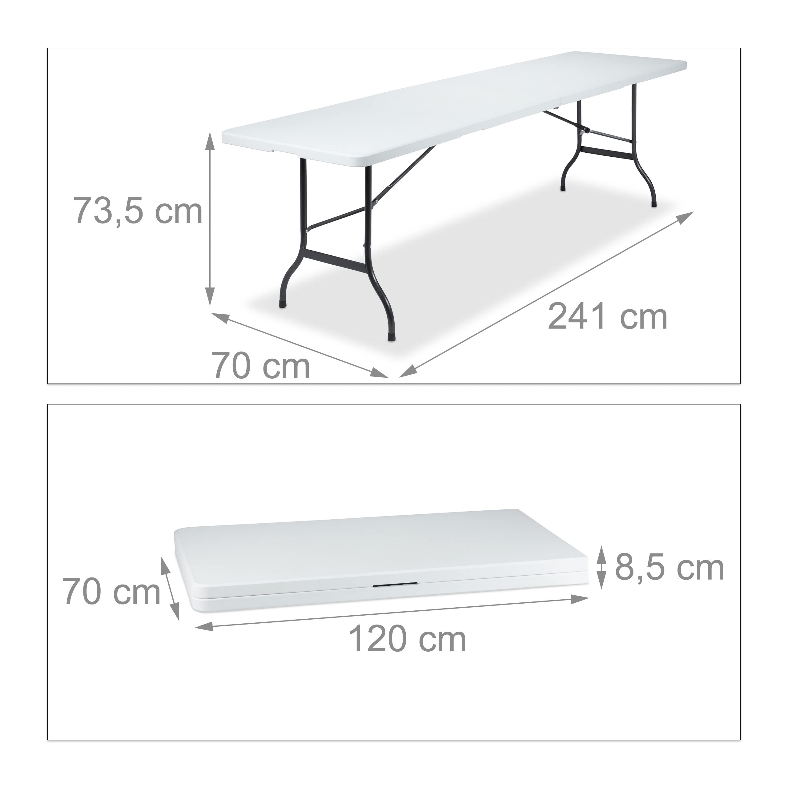 relaxdays Mesa Plegable Rectangular con Asa para Jardín y Terraza, Metal y Plástico, Blanco, 73 x 240 x 70 cm