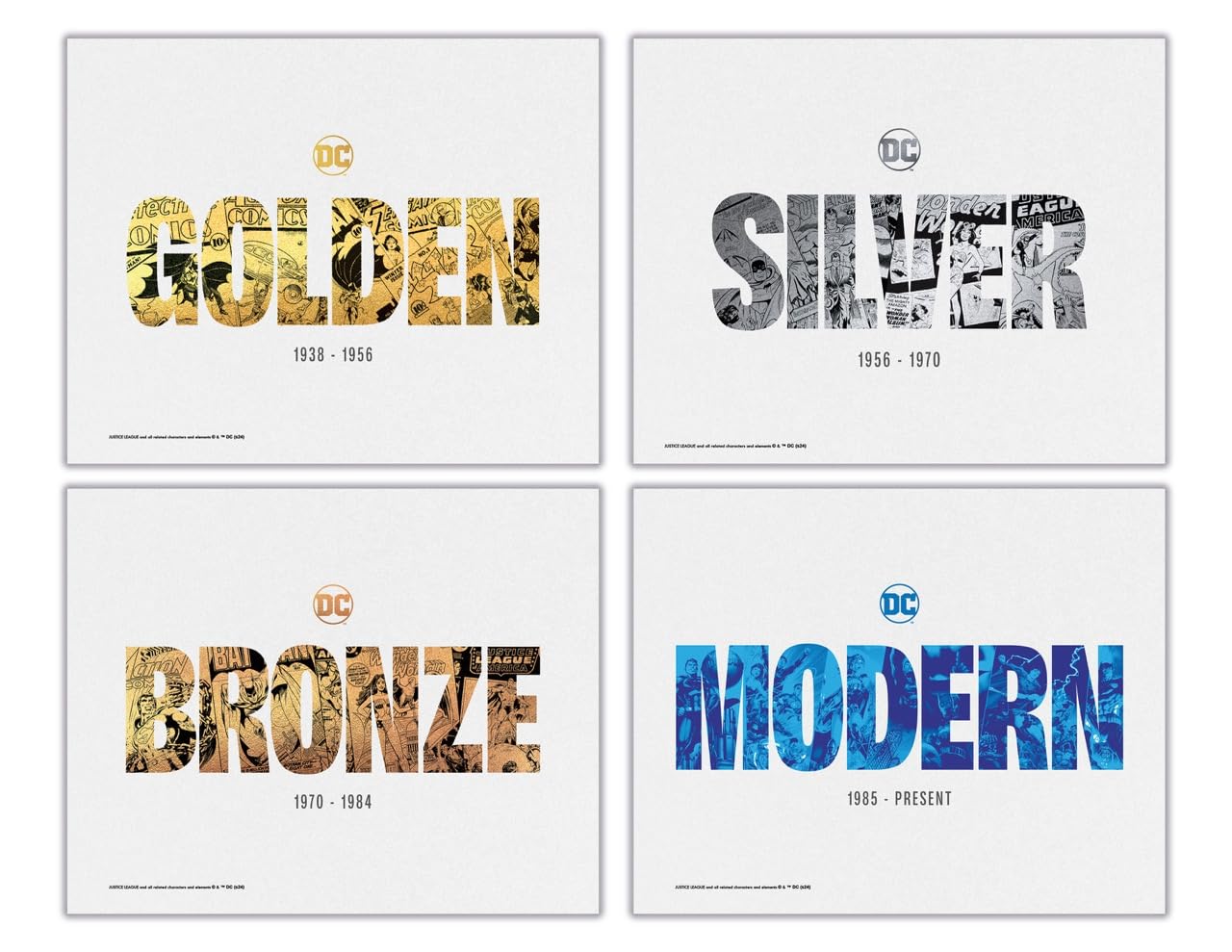 Trend Setters – DC Comics – Justice League – Comic Eras – Set of Four 8" x 10" Wall Art – Officially Licensed Merchandise