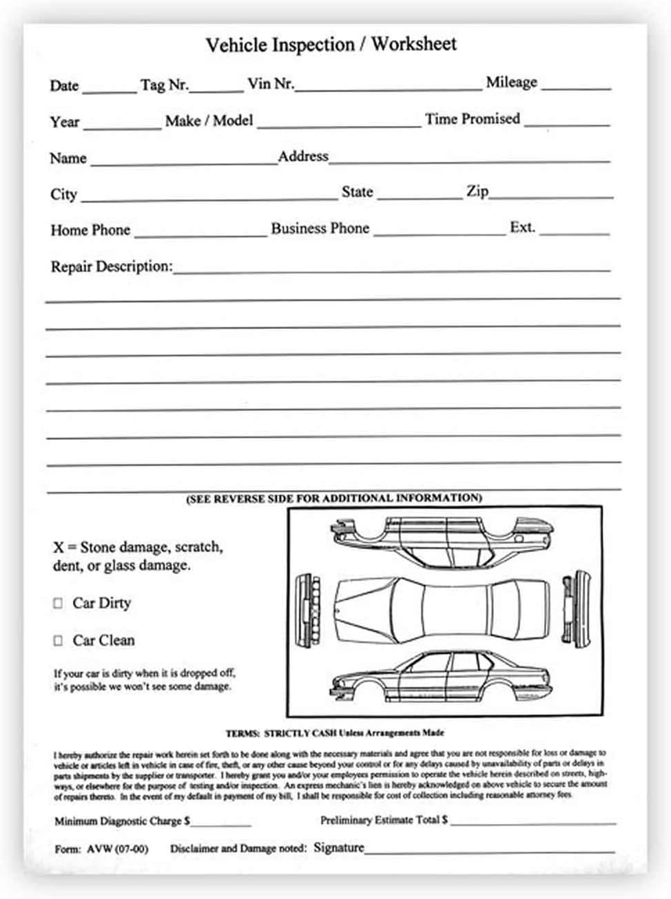 Vehicle Inspection Worksheet (Car Dealer Service Body Shop Form) (1 Pad of 100)