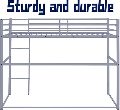 Miniatura 5 de Base de cama tipo loft de metal resistente tamaño individual con barandillas de seguridad y escalera integrada. Cama alta resistente que ahorra