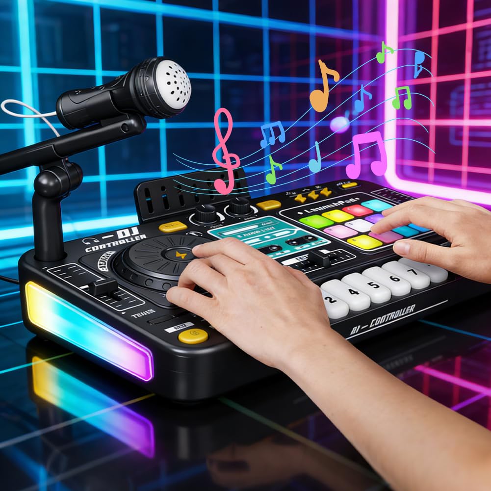 DJ mixer bambini 3-10 anni, controller DJ con microfono e luci LED, 100+ effetti sonori, tastiera piano, batteria, giocattolo regalo per principianti DJ ragazzi ragazze