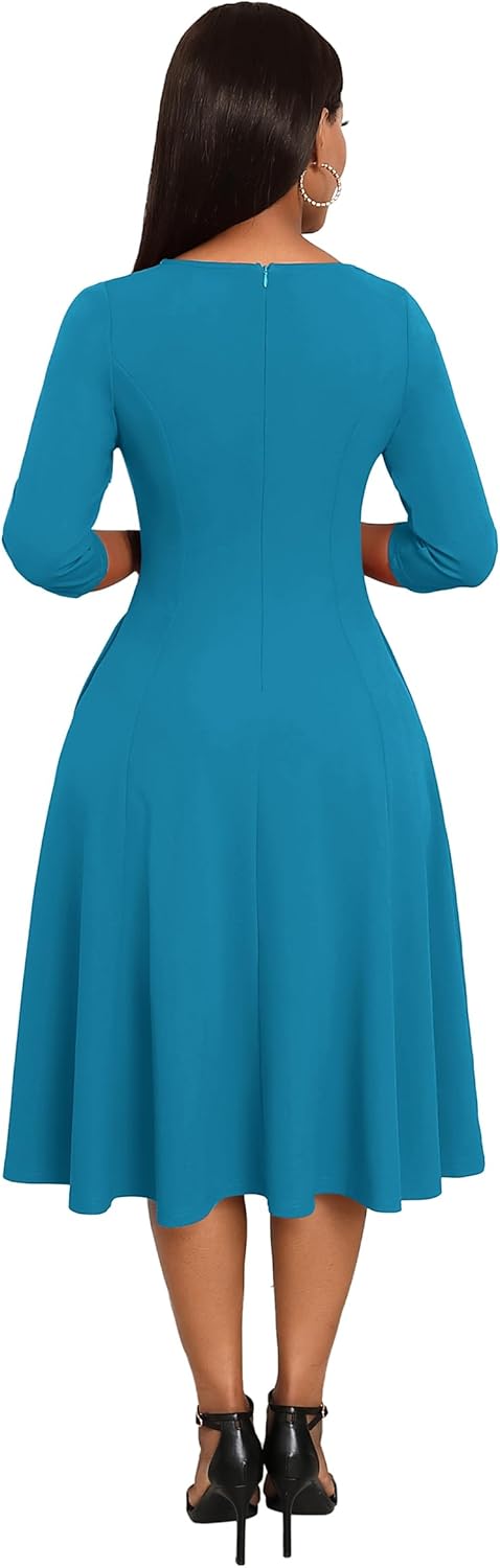 Nmoder Midi Dresses for Women A-Line Fit and Flare Dress 3/4 Sleeve V Neck Cocktail Wedding Guest Work Dress with Pockets - Image 5