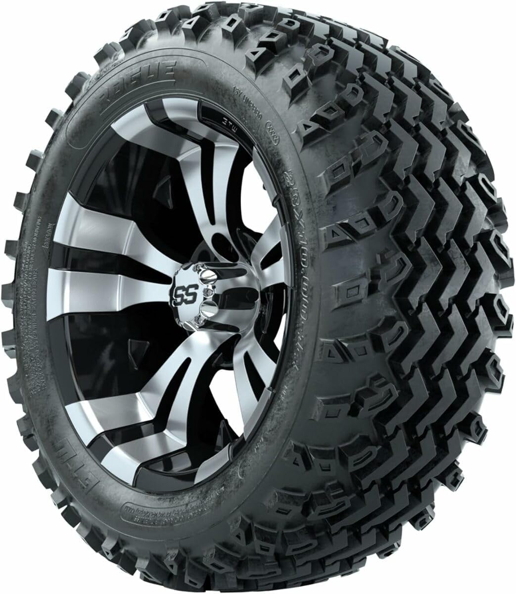 GTW 14 Inch Golf Cart Wheels and Tires Combo | GTW Vampire Machined/Black Wheels on 23x10-14 (23") Rogue All Terrain Tires | Set of 4