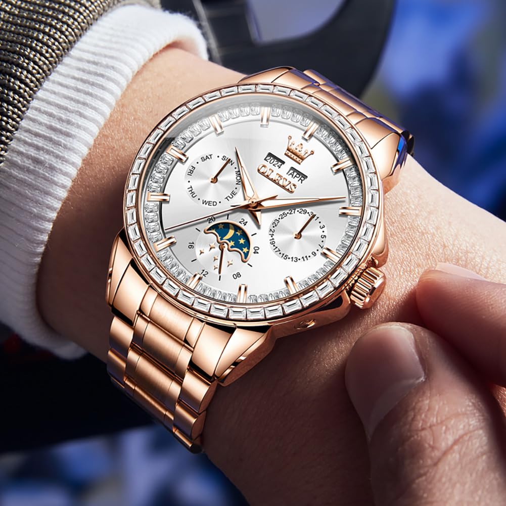 OUPINKE Herren Luxus Uhr Gold Diamant Automatik Mechanisch mit Datum Mondphase Edelstahl Leuchtend Wasserdicht Business Armbanduhr