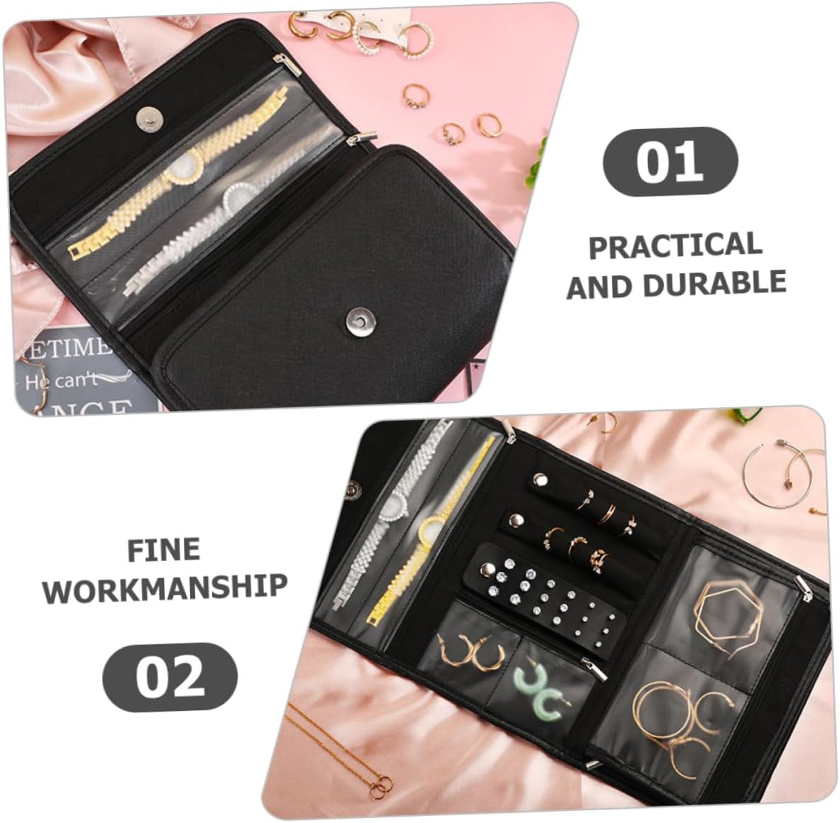 Foldable Jewelry Storage Roll PU Organizer Bag Portable Travel Jewelry Pouch with Capacity Scratch-resistant and Wear-resistant Multifunctional Holder for Necklace Earring Bracelet