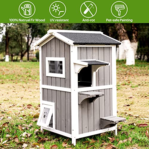 Ketive Cat House for Outdoor & Indoor Wooden Waterproof Cat Condo Cat Outdoor Enclosure with Escape Door,2 Story Kitty House - Thumbnail 5