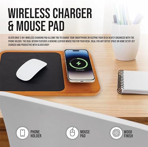 Miniatura 3 de Oliver Gray Cargador inalámbrico y alfombrilla para mouse, alfombrilla de carga 3 en 1 + soporte para teléfono, acabado de madera, cuero vegano