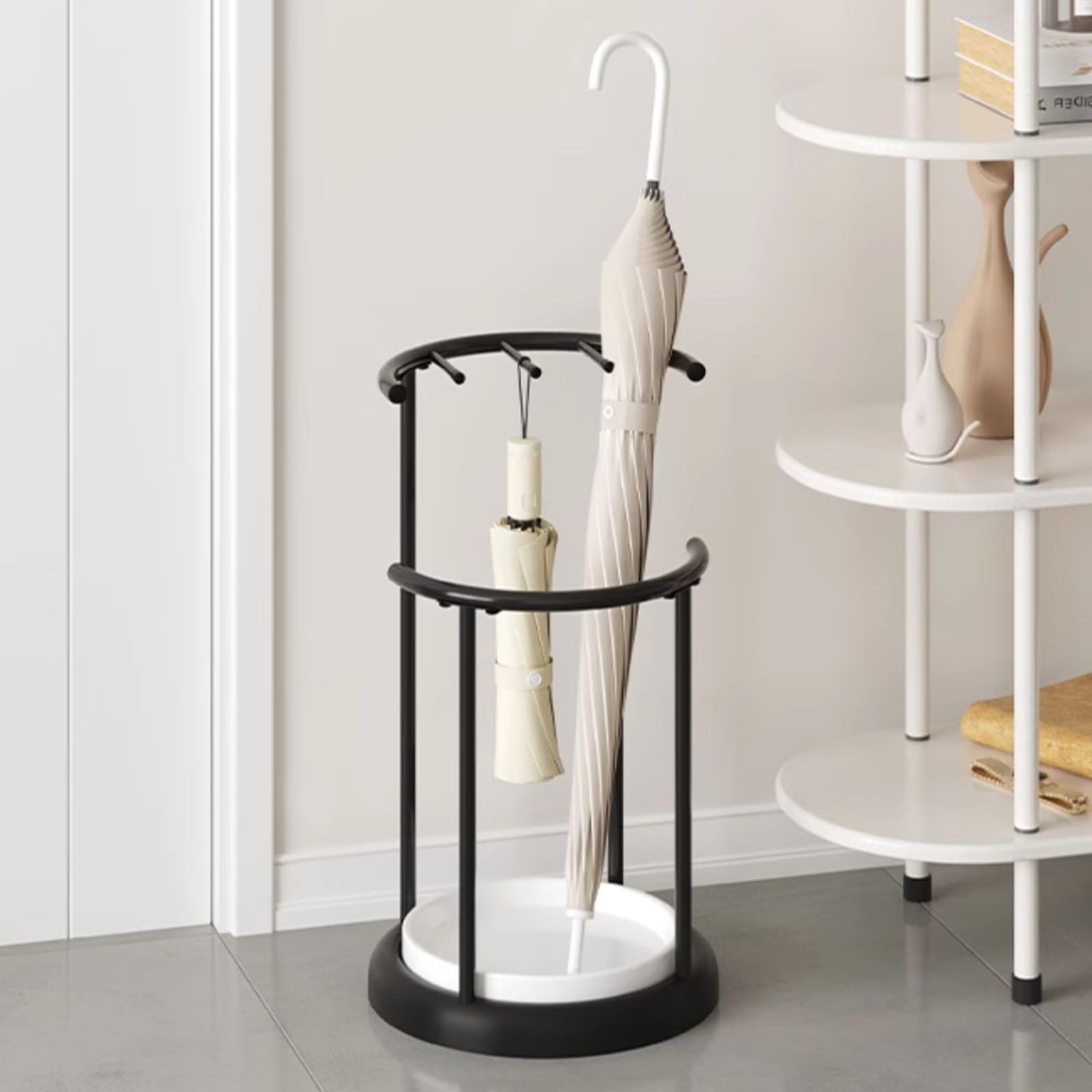 Porte-parapluie usage commercial en métal blanc, grand format cylindrique pour entrée de bureau