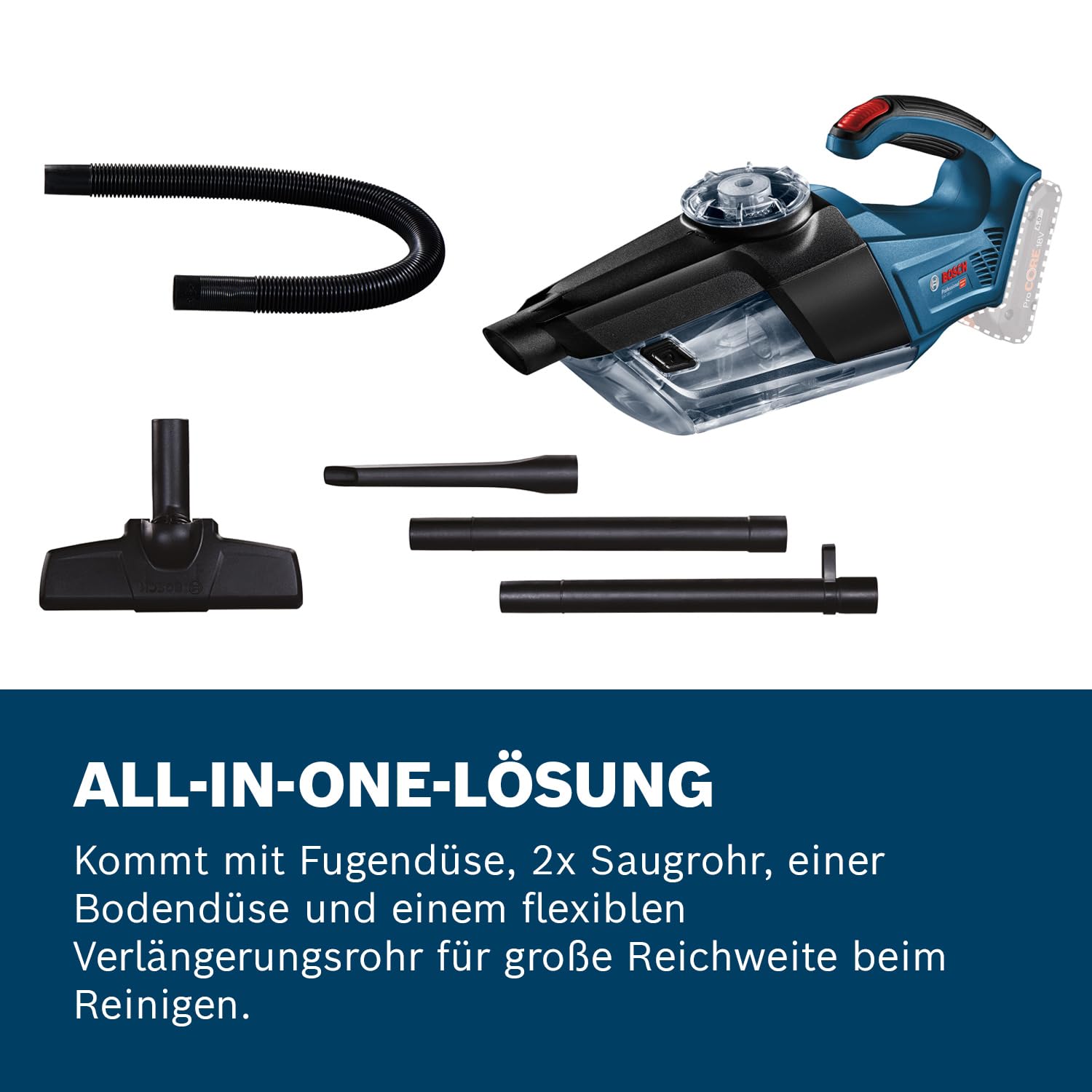 Bosch Professional 18V System Akku Handstaubsauger Gas 18V-1 (inkl. Absaugrohr, Fugendüse, Teppichdüse, Behältervolumen 1 Liter, ohne Akku/Ladegerät)