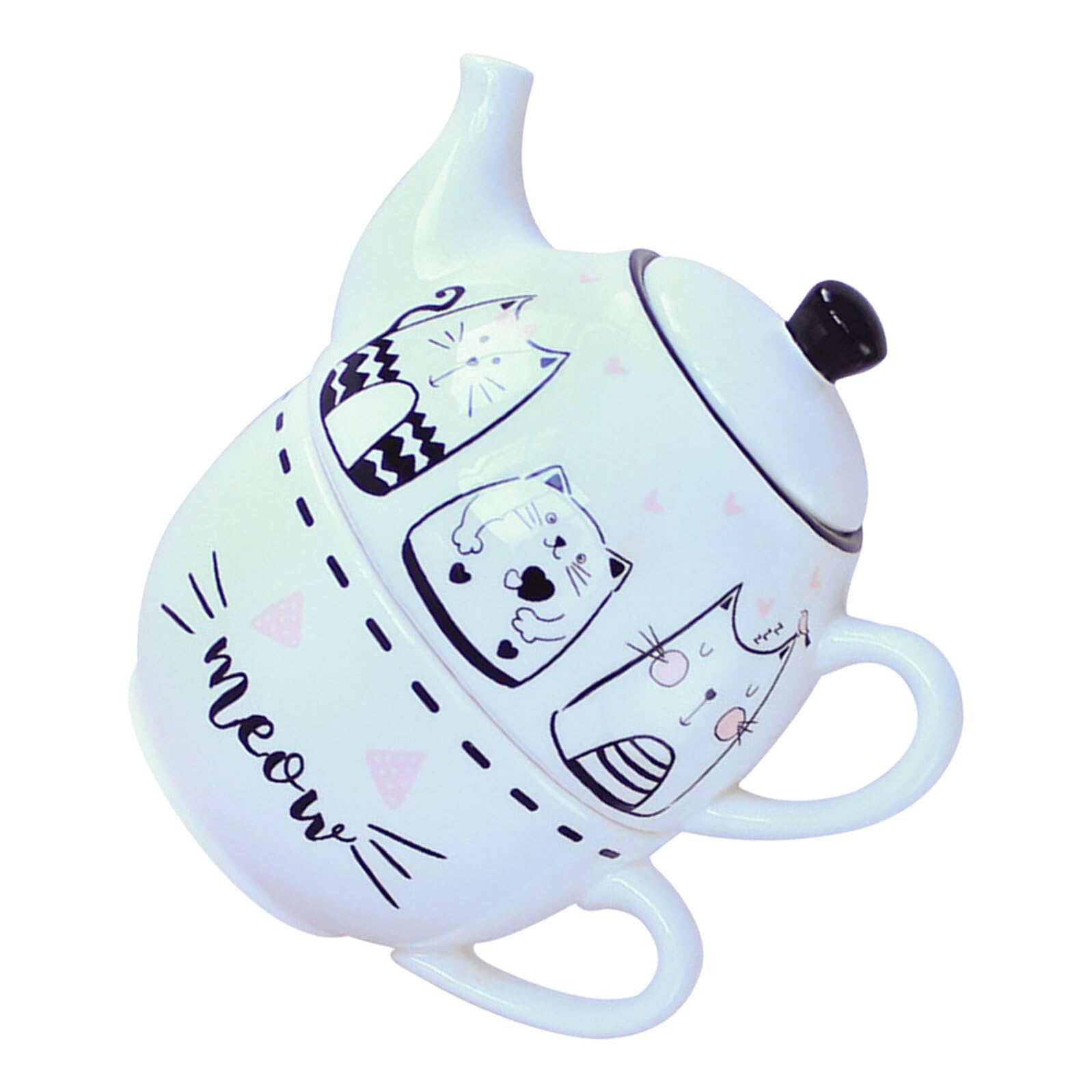 TOYANDONA Set Teiera e Tazza in Ceramica Motivo Gatti, Kit da Tè per Uso Domestico, Design Decorativo Bianco, Adatto per Casa, Ufficio e Regalo