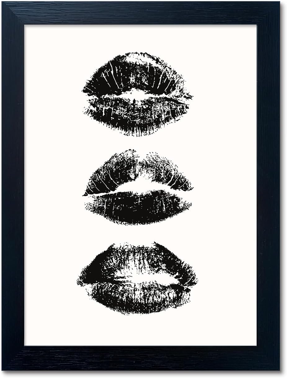 Black and White Painting Kiss Lips Wall Art Framed Woman Makeup Room Wall Art Fashion Preppy Dorm Trendy Print Poster Funky Girly Bathroom Decor
