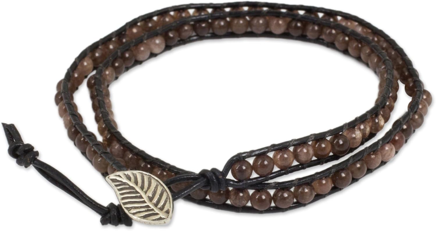 NOVICA Artisan Handmade Quartz Leather Wrap Bracelet Crafted Black with Brown Beads Fine Silver Beaded Thailand Toasted Almond Iced Coffee Leaf Tree Hill Tribe Birthstone [bracelet 13.75 in min L x ]