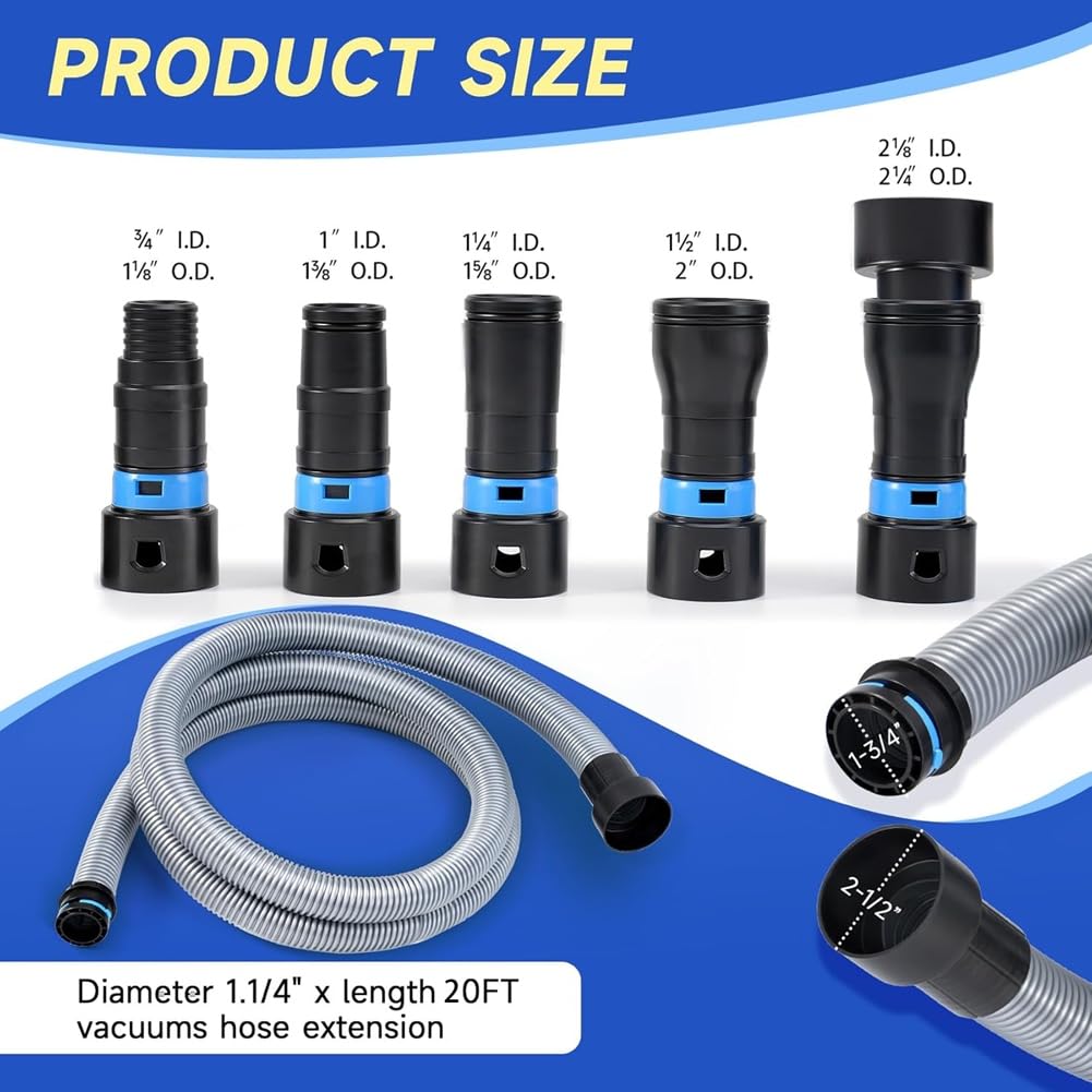 Kit Herramientas Eléctricas con Manguera 20 Pies, Conexión Manguera para Colector Polvo 2-1/2 Pulgadas, para Sistemas Aspiración Domésticos y Taller, Sierras Mesa y Lijadoras.