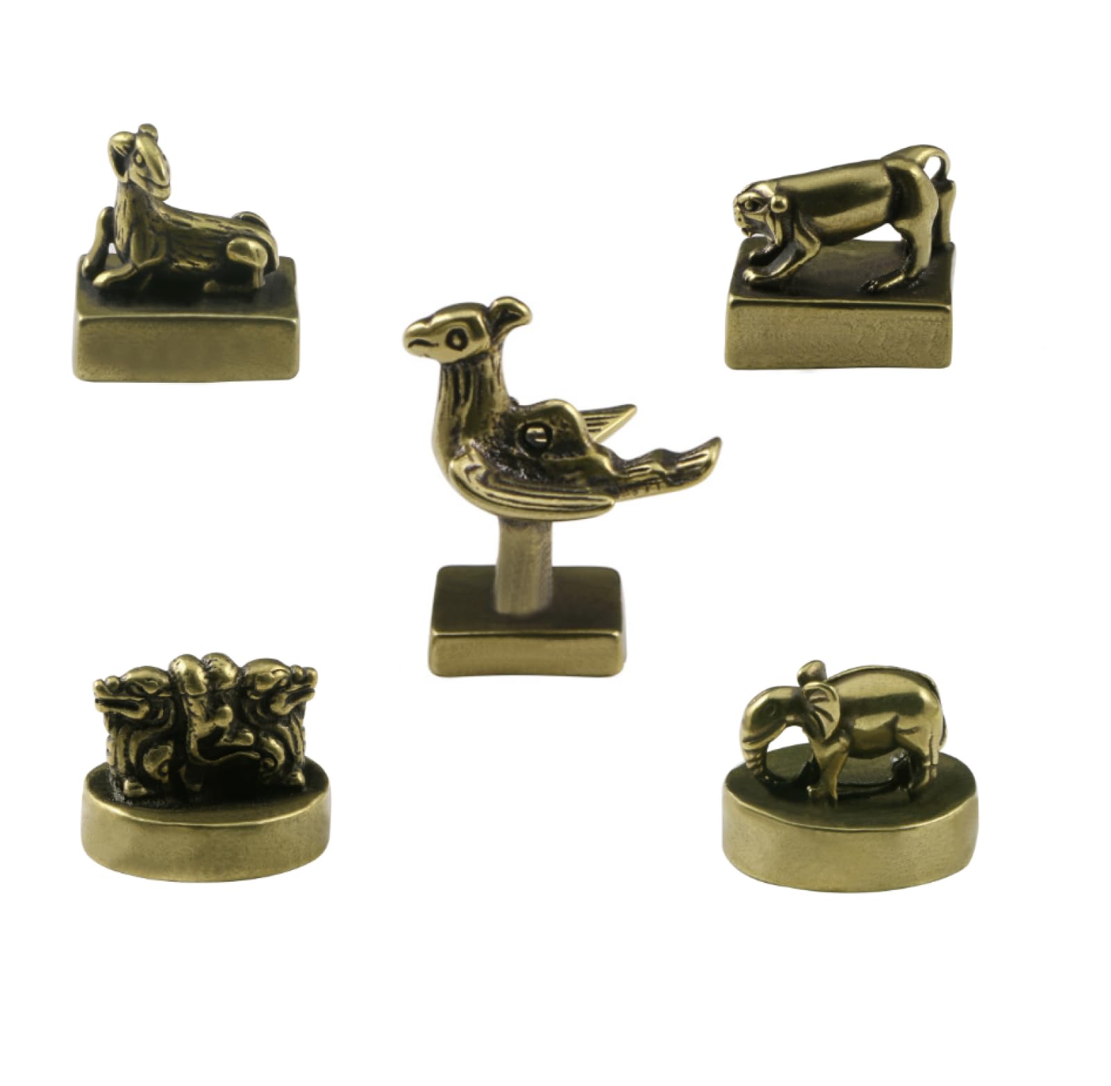 HIRAIDAI Messingornamente Mini-Tierkreis-Siegel Aus Antikem Messing Büro-Desktop-Dekoration Kunsthandwerk 5 Stück