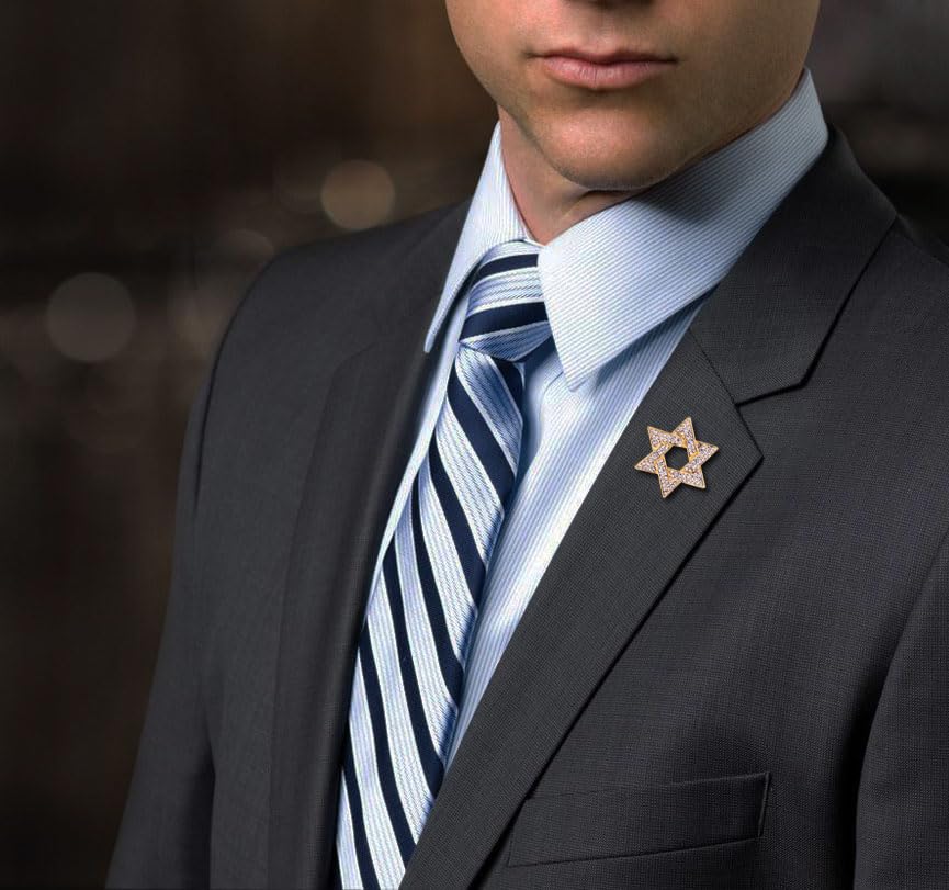 Image of Star of David Brooch Pin Full Crystal Gold /Silver Star Lapel Pin Six Pointed Star Safty Pin Women Men Clothes Decorations