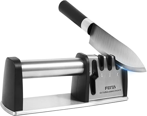 FEITA - Herramienta afiladora de cuchillos 4 en 1, herramientas de afilado de cuchillos y tijeras, los mejores accesorios de cocina de acero
