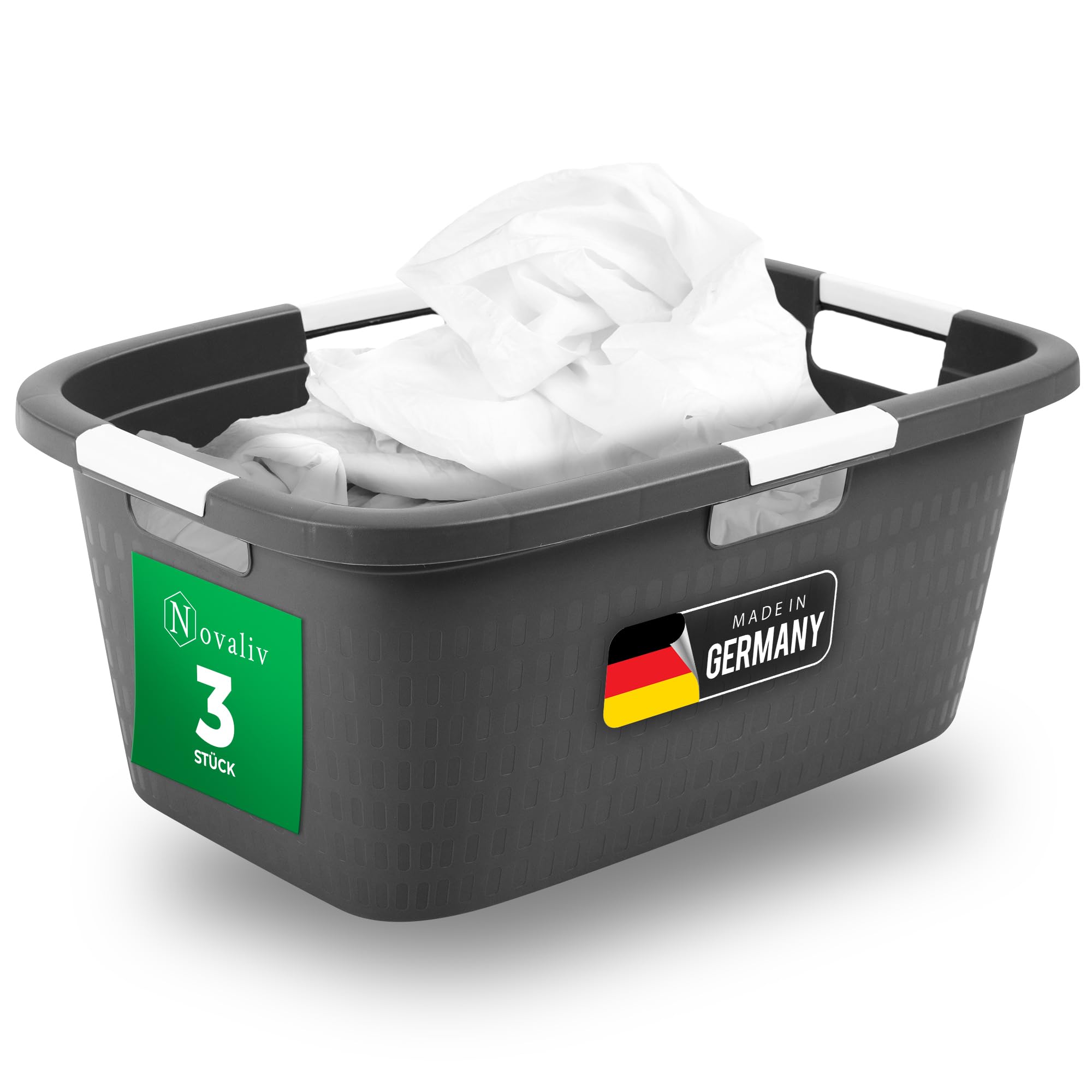 Novaliv 3 Stück Wäschewanne mit 4 Griffen 40L Anthrazit, Wäschebox Set Wäscheeimer Wäschebehälter für Bad Wäsche Schmutzwäsche, Wäschewannen Laundry Basket Haushalt Korb Sammler Box