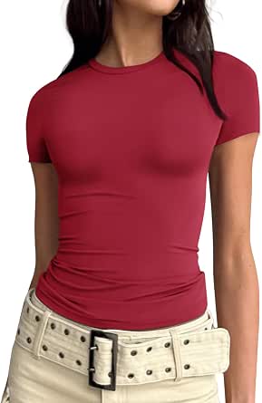 Trendy Queen Womens Basic T-Shirts Scoop Neck Short Sleeve Crop Tops Cute Summer Tops Slim Fit Tees Y2k Clothing - Red Medium