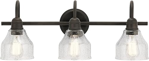 Kichler Avery - Lámpara de baño de tocador de 24 pulgadas en bronce Olde, montaje en pared de baño vintage de 3 luces con vidrio semillado