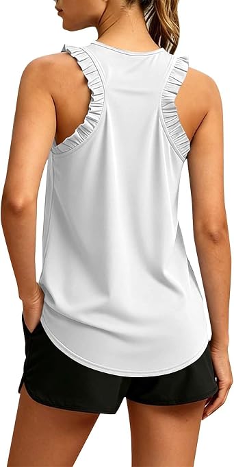 Ruffle Workout Tank Tops for Women Summer Sleeveless Racerback Crewneck Shirts Casual Loose Running Gym Athletic Tee