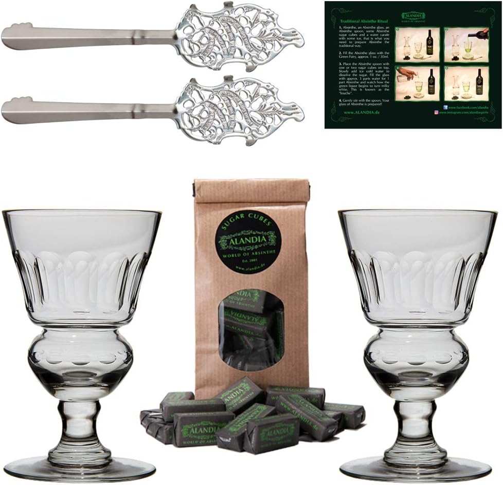 ALANDIA Absinthe Accessory Set Pontarlier Premium | 2 x Handmade Glasses with Reservoir | 2 x Stainless Steel Spoons | 1 x Sugar