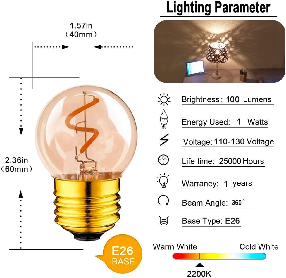 Sphoon G40 1.5W Low Wattage Lumen Led Lights Bulb Equivalent 15 Watt Bulb Standard Base (Amber, 1W=10W Warm 2200K)