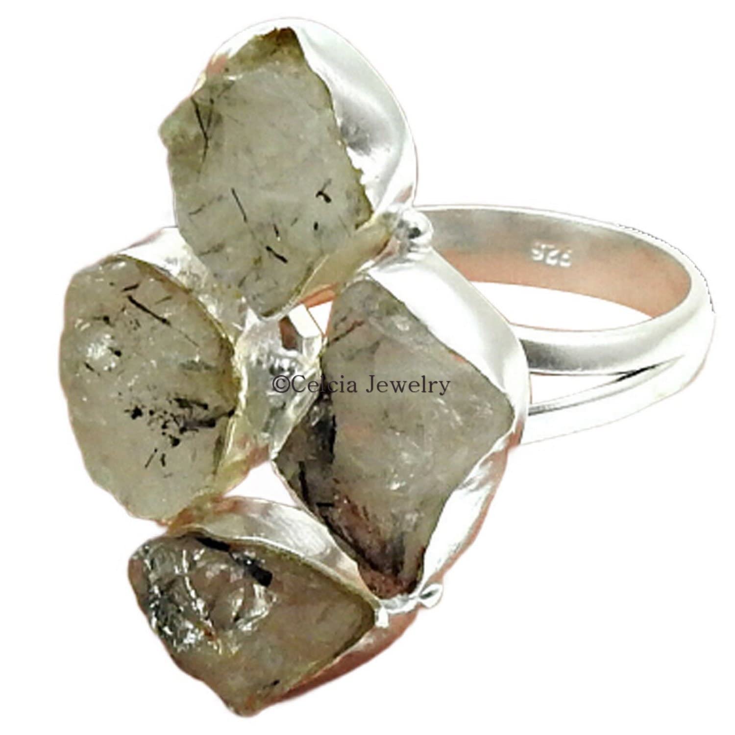 Anello ruvido nero rutilo, vero argento sterling, anello impilabile multi pietra, anello dal design unico, anello per regali di famiglia incredibili, regali per migliori amici