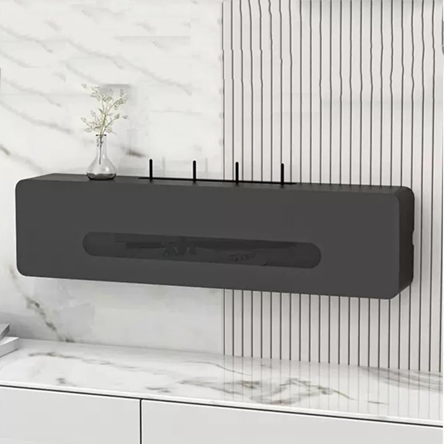 Étagère De Rangement Murale pour Routeur Wi-FI sans Fil, Organiseur De Routeur en Bois De Pin Rustique pour La Gestion des Câbles, Svart, 80x20x13cm/31x8x5in