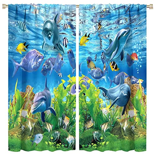 Ocean Underwater World Curtains Colorful Sea Animal Tropical Fish Cute Ocean Creature Art Print for Kids Bedroom Living Room Decor Rod Pocket Blackout Window Drapes 2 Panels 42x54in