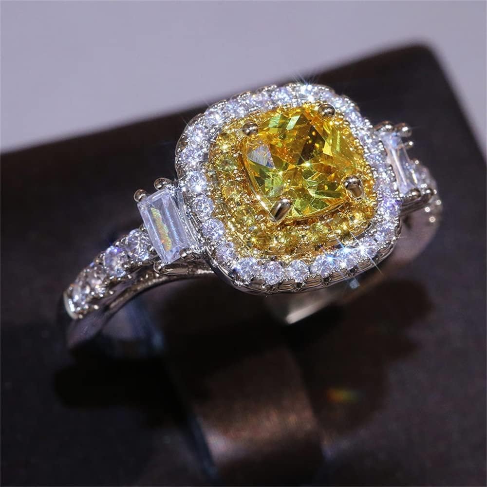925 Sterling Silver Full Diamond Ring Shiny Citrine Ring Square Cut 3Ct Cubic Zirconia Promise Rings CZ Yellow Gem Cocktail Rings Eternity Engagement Wedding Band Ring for Women W.1 - Image 4