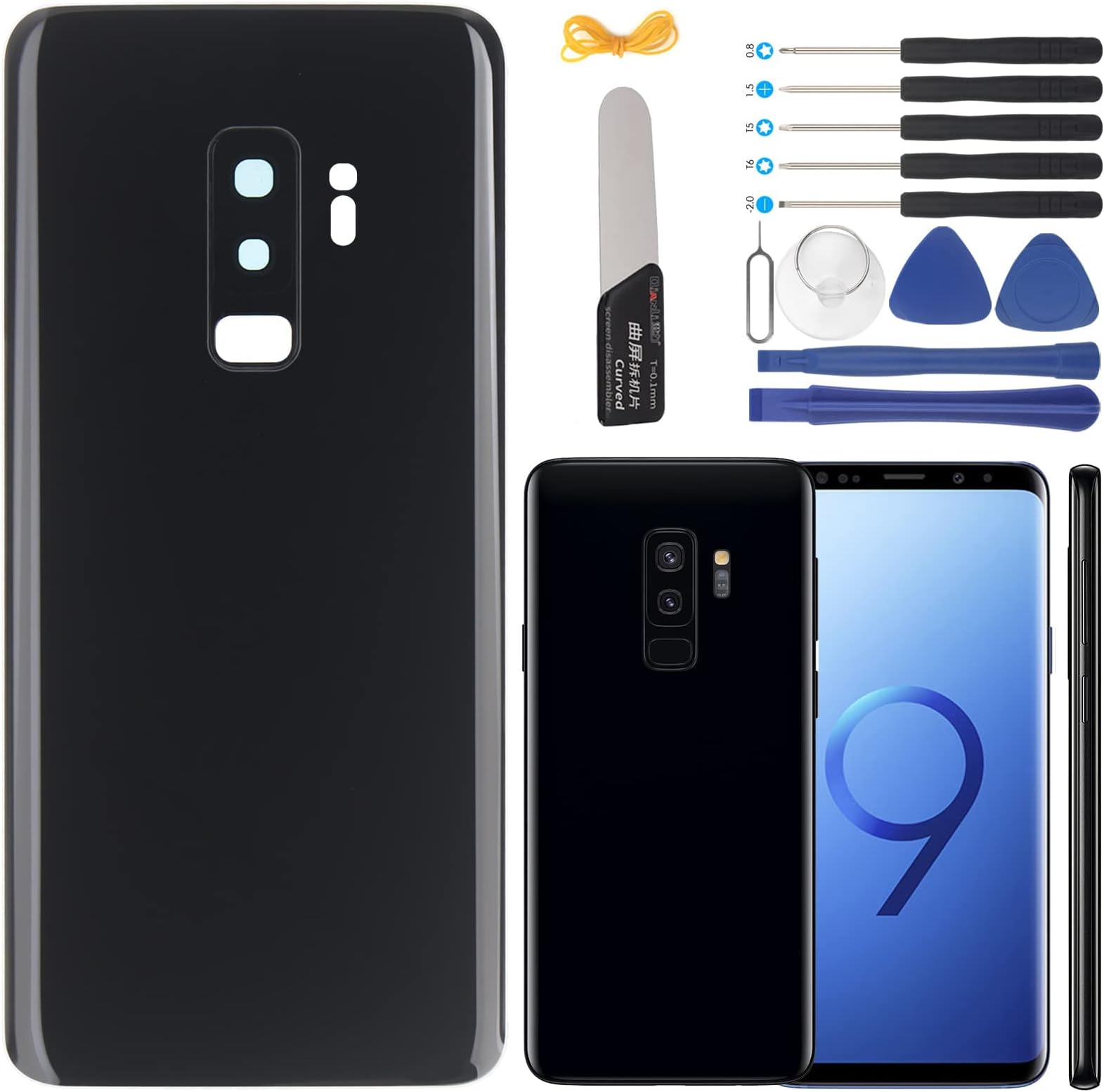 6.2 Inch Battery Cover for Samsung Galaxy S9 Plus G965F Back Glass Replacement Battery Cover for Galaxy S9 Plus + Installation Tool + B7000 Glue (Black)